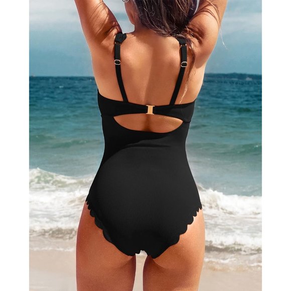 Women's Black Scalloped Ribbed One Piece Retro Square Neck Modest Swimsuits - Picture 2 of 9